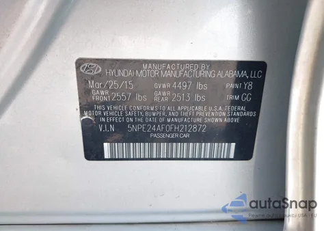 2015 Hyundai Sonata Se from USA, damaged, VIN 5NPE24AF0FH212872